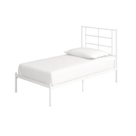 Twin Size Modern White Metal Platform Bed with Geometric Headboard