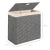 Folding 2-Bin Grey PE Wicker Linen Liner Laundry Hamper w/ Handles