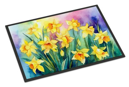 NEW Daffodils in Watercolor Doormat Front Door Mat Indoor Outdoor Rugs for Entryway, Non Slip Washable Low Pile, 18H X 27W