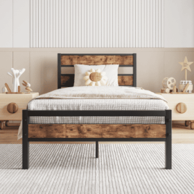 Twin Size Platform Bed Frame With Rustic Vintage Wood Headboard, Strong Metal Slats Support, No Box Spring Needed (Color: Black)