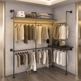 Industrial Pipe Clothing Rack, Reversible 118.3'' Clothes Rack For Hanging Clothes, Heavy Duty Garment Rack Closet Wardrobe Rack With LED Lights (Color: Black)