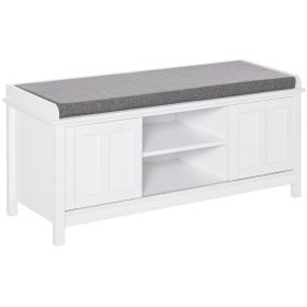 Entryway Shoe Storage Bench Ottoman Adjustable Shelf Padded Cushion Sliding Barn Door White For Hallway Living Room (Color: White)