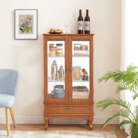 Lighted Glass Cabinet Glass Wine Cabinet Curio Display Cabinet With Adjustable Glass Shelves 2 Doors And 1 Drawer Cabinet Bulb Included OAK (Option: Oak)