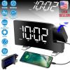 Projection Alarm Clock with Radio Function 7.7In Curved-Screen LED Digital Alarm Clock w/ Dual Alarms 4 Dimmer 12/24 Hour USB Charging Port 180° Rotat