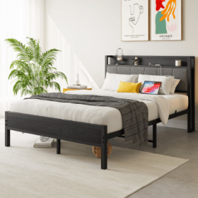 Full Size Bed Frame, Storage Headboard With Charging Station, Solid And Stable, No Box Spring Needed, Easy Assembly (Color: Black)