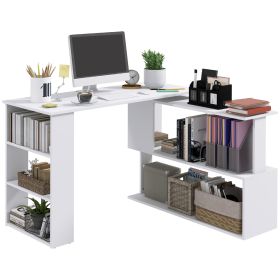 360  Rotating Home Office Desk L Shaped Corner Computer Desk With Storage Shelves, Writing Table Workstation, White (Color: White)