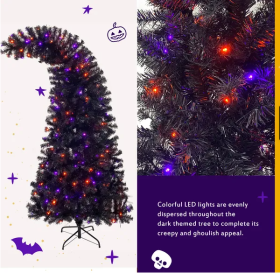 6FT Artificial Fir Bent Top Halloween Christmas Tree, Xmas Tree Bendable Style Christmas Tree Holiday Decoration W1,080  Branch Tips, 300 LED Lig (Color: Black)