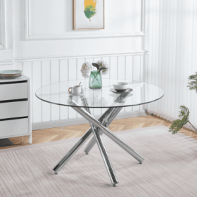 Chrome Dining Table With Metal Leg And Glass,Modern Space Saving Kitchen Table For Living Room,120X120X75CM (Option: Chrome)