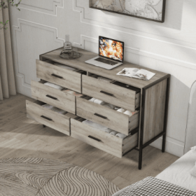 Wood Dresser With 6 Drawers, Wooden Storage Closet For Bedroom, Solid Clothes Cabinet With Sturdy Steel Frame, 48.58Wx15.75Dx31.22H, 48 Inch, Rus (Option: Gray)